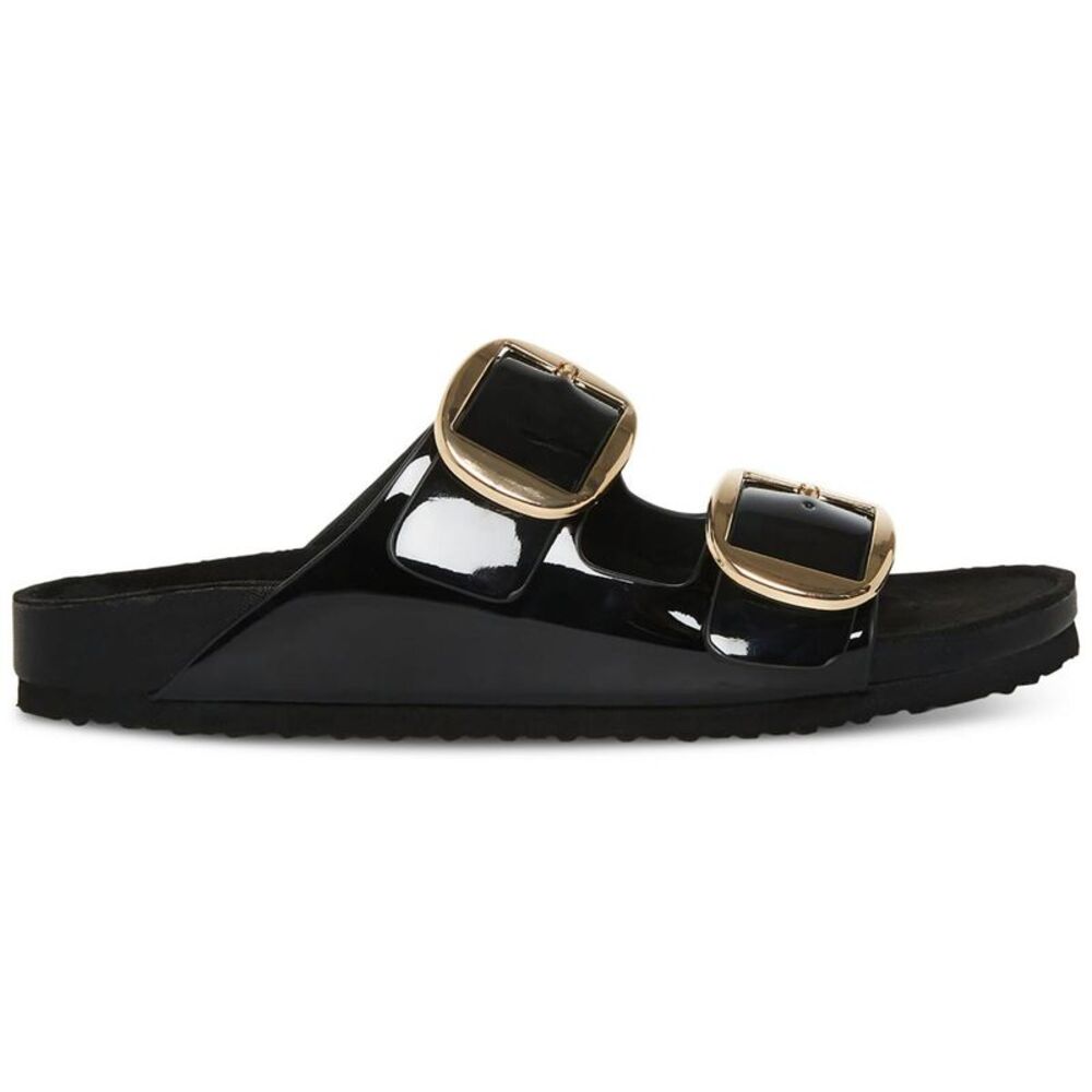 Madden Girl Black Patent Slide Sandals with Gold Buckles - Picture 2 of 3